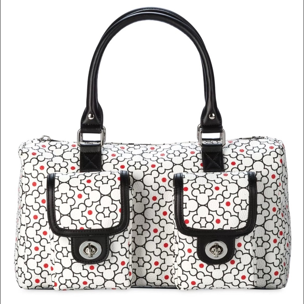 Disney Mickey Mouse Floral Icon Satchel Bag White Black Red Cargo Pockets NEW